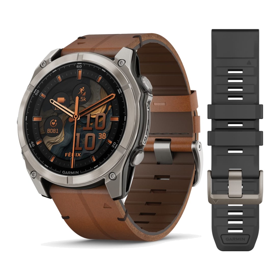 Garmin Fenix 8 (51mm) Amoled Sapphire Bare Titanium Black with Chestnut Leather Band + Silicone Band